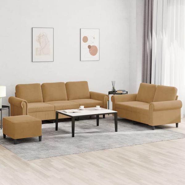 ARDEBO.de - 3-tlg. Sofagarnitur mit Kissen Braun Samt