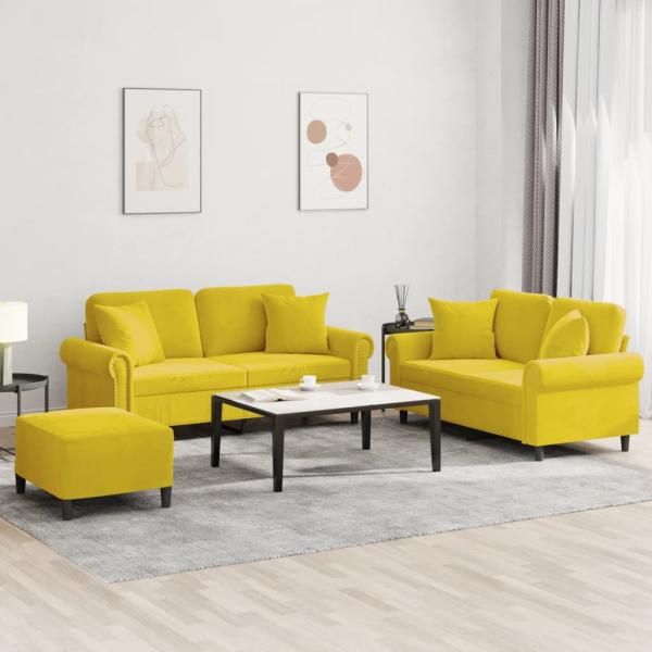 ARDEBO.de - 3-tlg. Sofagarnitur mit Kissen Gelb Samt