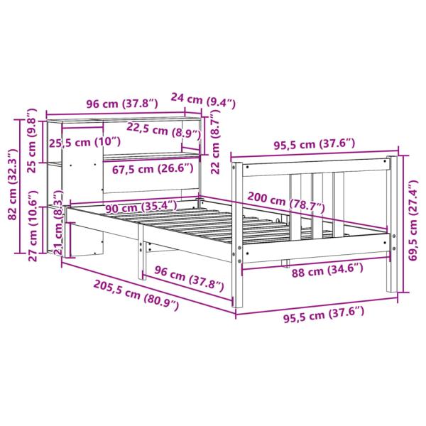 Massivholzbett mit Regal ohne Matratze Weiß 90x200 cm Kiefer