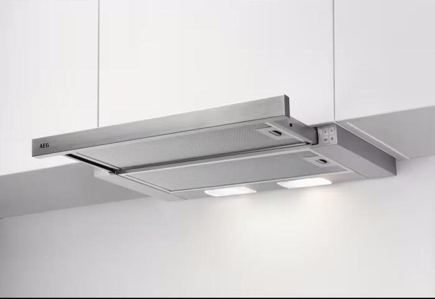 ARDEBO.de AEG DPS362AS EEK: C Extractor 3000 Flachschirmhaube, 60 cm breit, 330 m³/h, LED-Beleuchtung, Drucktasten, Abluft- und Umluftbetrieb, grau