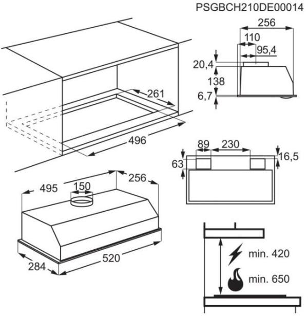 AEG DGB3523S EEK: C 3000 Extractor Lüfterbaustein, 52 cm breit, 330 m³/h, 3 Leistungsstufen, LED-Beleuchtung, Abluft- und Umluftbetrieb, grau