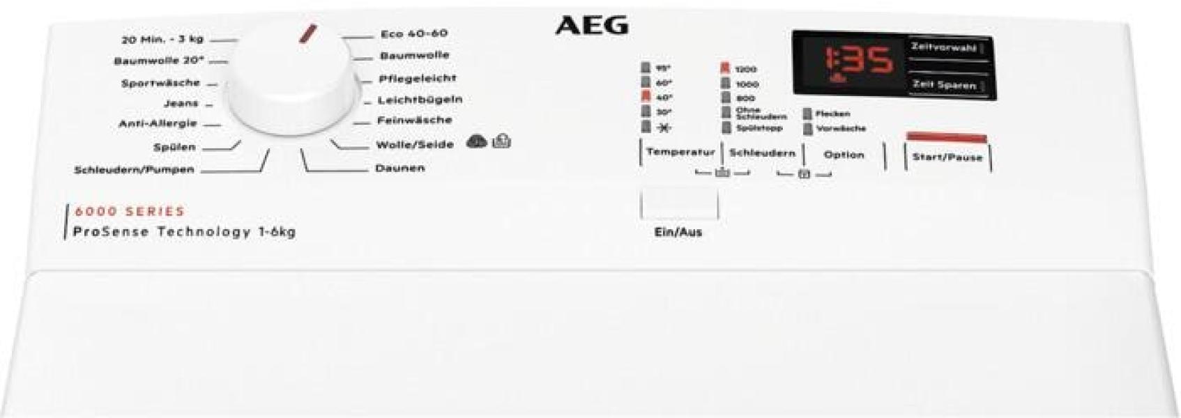 AEG LTR6E41268 6kg Toplader Waschmaschine, 40 cm breit, 1200 U/Min, Aqua Control, Nachlegefunktion, SoftOpening, weiß