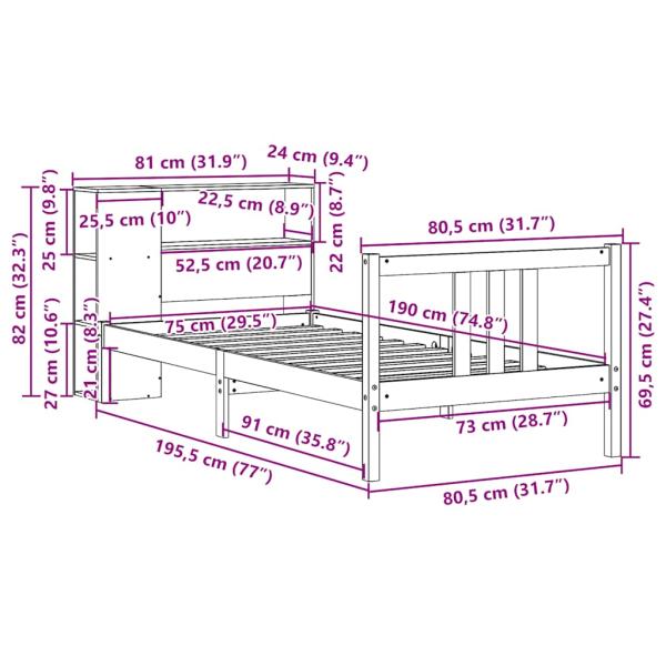 Bücherregalbett ohne Matratze 75x190 cm Massivholz Kiefer