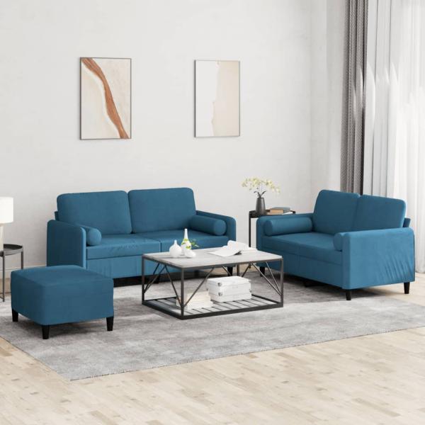 ARDEBO.de - 3-tlg. Sofagarnitur mit Kissen Blau Samt