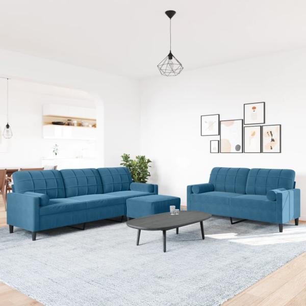 3-tlg. Sofagarnitur mit Kissen und Nackenrollen Blau Samt