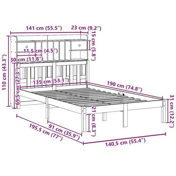 Massivholzbett mit Regal ohne Matratze 135x190 cm Kiefer