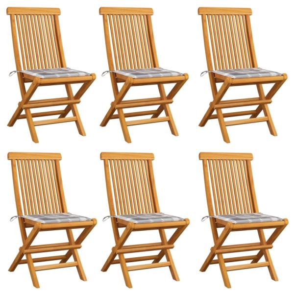 ARDEBO.de - Gartenstühle mit Kissen 6 Stk. Grau Karomuster Massivholz Teak