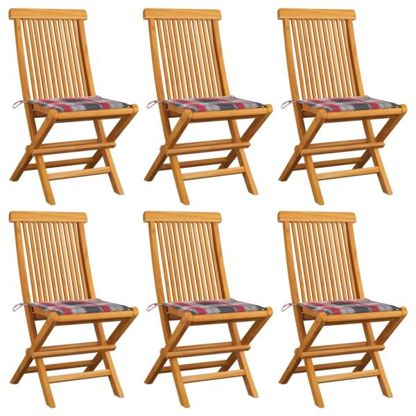 ARDEBO.de - Gartenstühle mit Kissen 6 Stk. Rot Karomuster Massivholz Teak