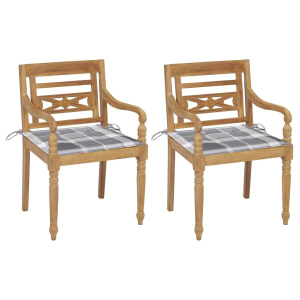 ARDEBO.de - Batavia-Stühle 2 Stk. Graue Karomuster-Kissen Teak Massivholz
