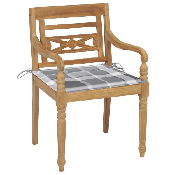 Batavia-Stühle 2 Stk. Graue Karomuster-Kissen Teak Massivholz