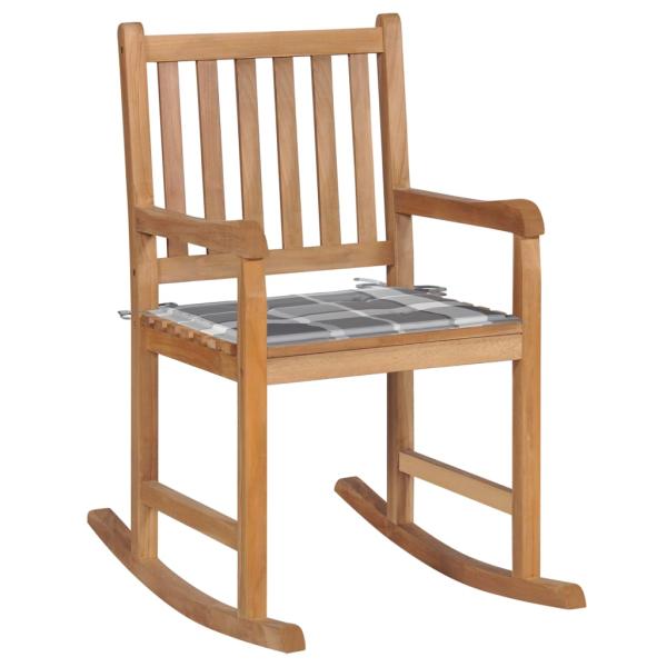 ARDEBO.de - Schaukelstuhl mit Grauem Karomuster-Kissen Massivholz Teak