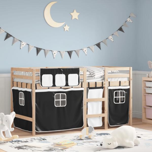 ARDEBO.de - Kinderhochbett mit Vorhängen Weiß Schwarz 90x190 cm Kiefernholz