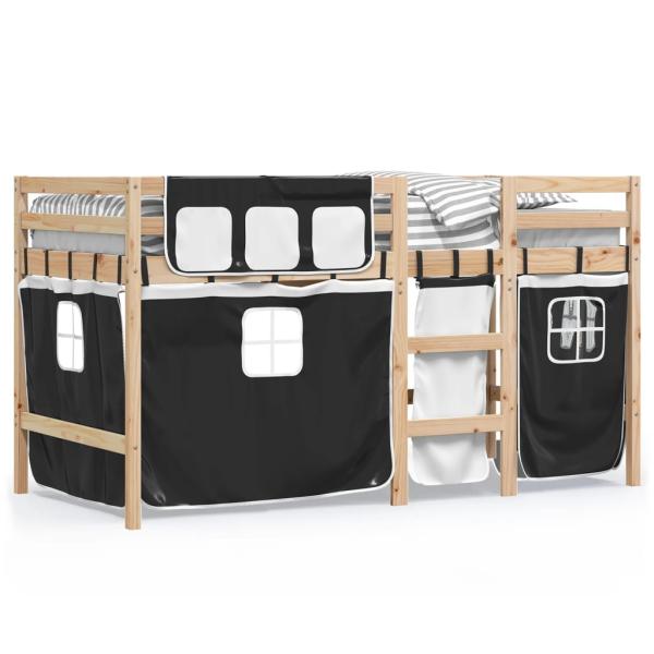 Kinderhochbett mit Vorhängen Weiß Schwarz 90x190 cm Kiefernholz