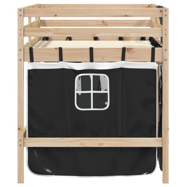 Kinderhochbett mit Vorhängen Weiß Schwarz 90x190 cm Kiefernholz