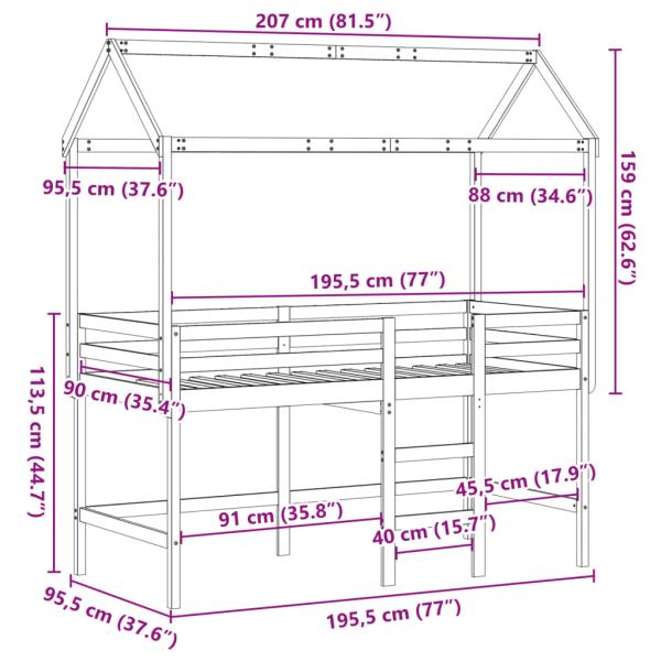 Hochbett mit Leiter und Dach 90x190 cm Massivholz Kiefer