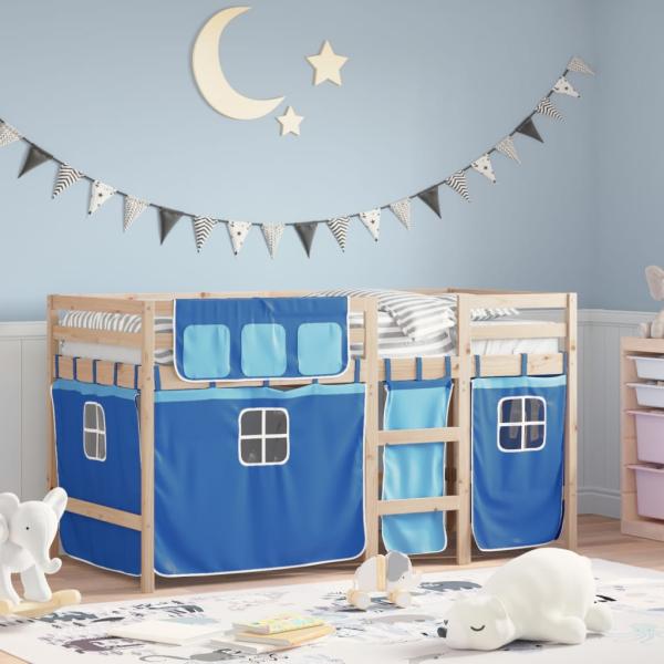 ARDEBO.de - Kinderhochbett mit Vorhängen Blau 90x190 cm Massivholz Kiefer