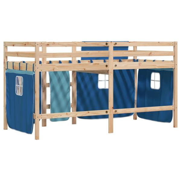 Kinderhochbett mit Vorhängen Blau 90x190 cm Massivholz Kiefer