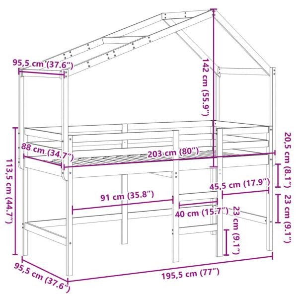 Hochbett mit Leiter und Dach 90x190 cm Massivholz Kiefer
