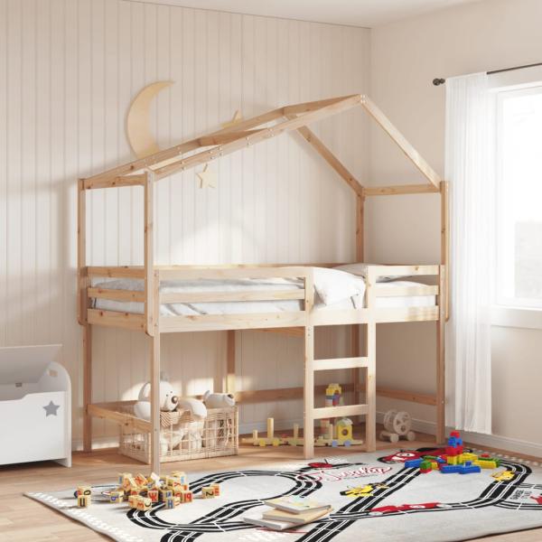 Hochbett mit Leiter und Dach 90x190 cm Massivholz Kiefer