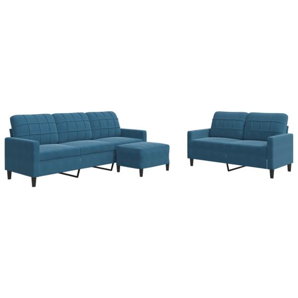 3-tlg. Sofagarnitur mit Kissen Blau Samt