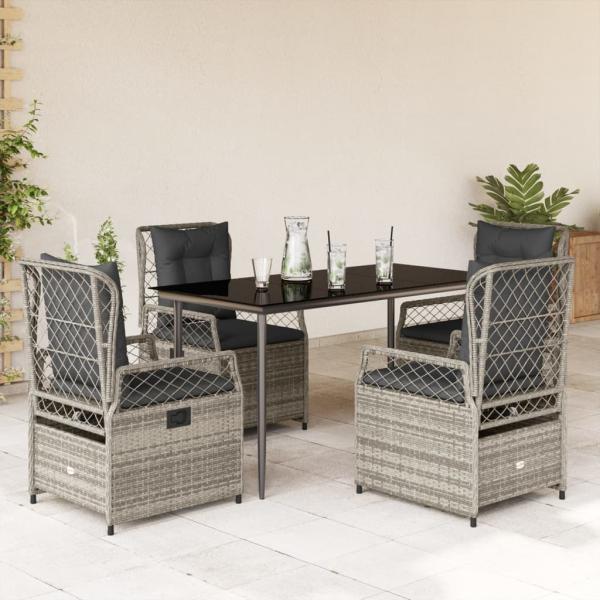 ARDEBO.de - 5-tlg. Garten-Essgruppe mit Kissen Grau Poly Rattan