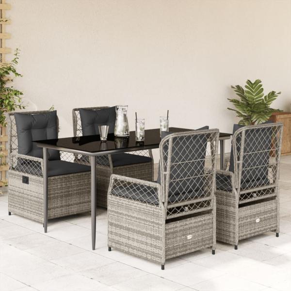 ARDEBO.de - 5-tlg. Garten-Essgruppe mit Kissen Grau Poly Rattan
