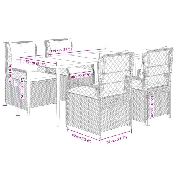 5-tlg. Garten-Essgruppe mit Kissen Grau Poly Rattan