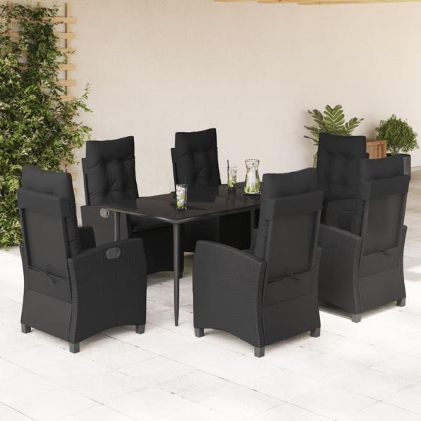 ARDEBO.de - 7-tlg. Garten-Essgruppe mit Kissen Schwarz Poly Rattan