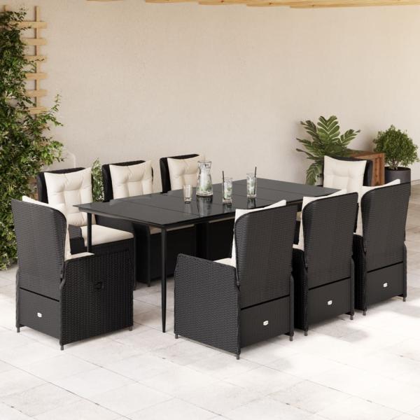 ARDEBO.de - 9-tlg. Garten-Essgruppe mit Kissen Schwarz Poly Rattan