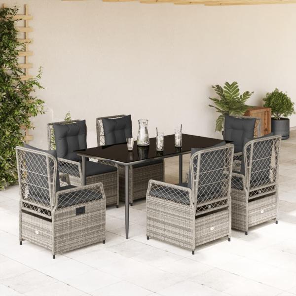 ARDEBO.de - 7-tlg. Garten-Essgruppe mit Kissen Grau Poly Rattan
