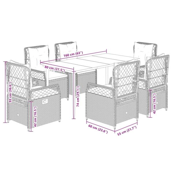7-tlg. Garten-Essgruppe mit Kissen Grau Poly Rattan