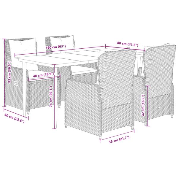 5-tlg. Garten-Essgruppe mit Kissen Schwarz Poly Rattan