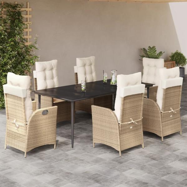 ARDEBO.de - 7-tlg. Garten-Essgruppe mit Kissen Beige Poly Rattan