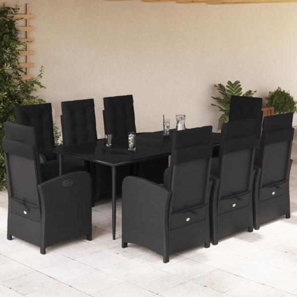 ARDEBO.de - 9-tlg. Garten-Essgruppe mit Kissen Schwarz Poly Rattan