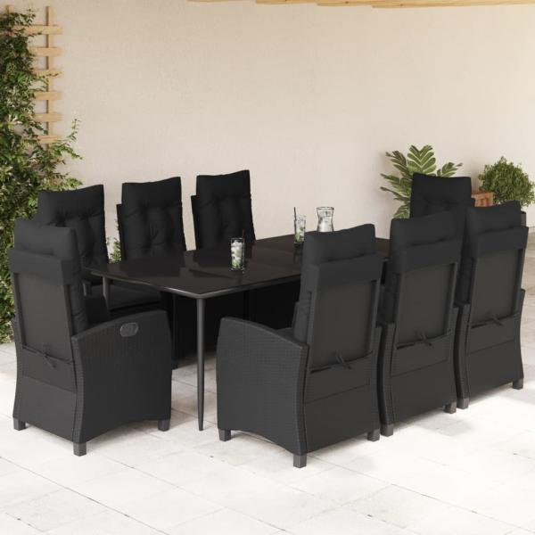 ARDEBO.de - 9-tlg. Garten-Essgruppe mit Kissen Schwarz Poly Rattan