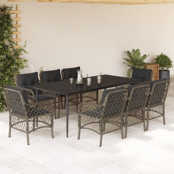 ARDEBO.de - 9-tlg. Garten-Essgruppe mit Kissen Grau Poly Rattan