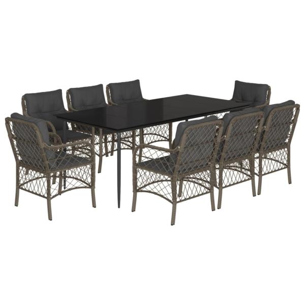 9-tlg. Garten-Essgruppe mit Kissen Grau Poly Rattan