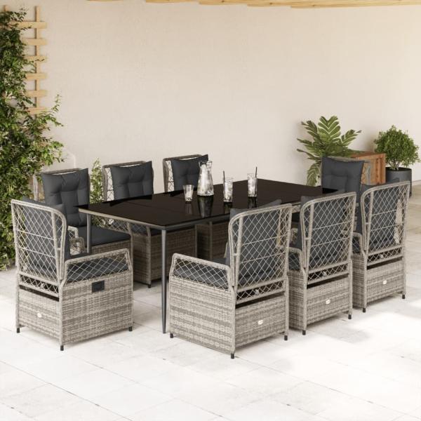 ARDEBO.de - 9-tlg. Garten-Essgruppe mit Kissen Grau Poly Rattan