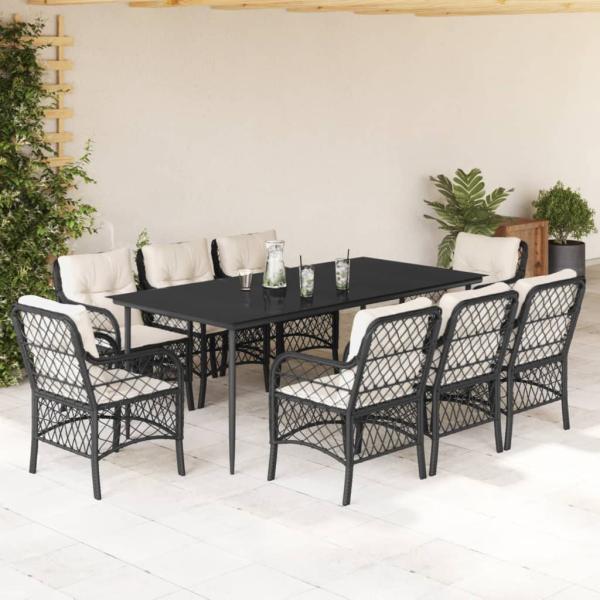 ARDEBO.de - 9-tlg. Garten-Essgruppe mit Kissen Schwarz Poly Rattan