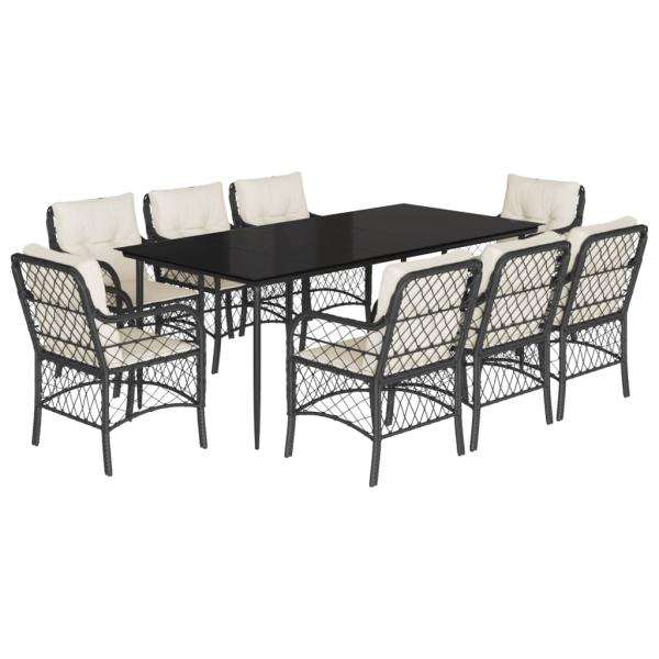 9-tlg. Garten-Essgruppe mit Kissen Schwarz Poly Rattan