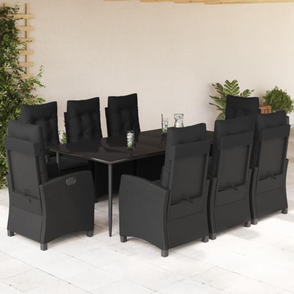 ARDEBO.de - 9-tlg. Garten-Essgruppe mit Kissen Schwarz Poly Rattan