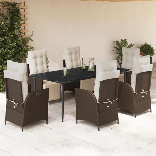 ARDEBO.de - 7-tlg. Garten-Essgruppe mit Kissen Braun Poly Rattan