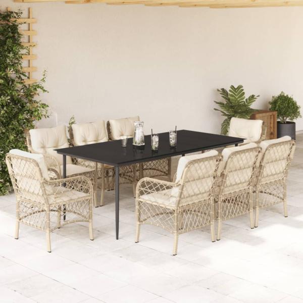ARDEBO.de - 9-tlg. Garten-Essgruppe mit Kissen Beige Poly Rattan