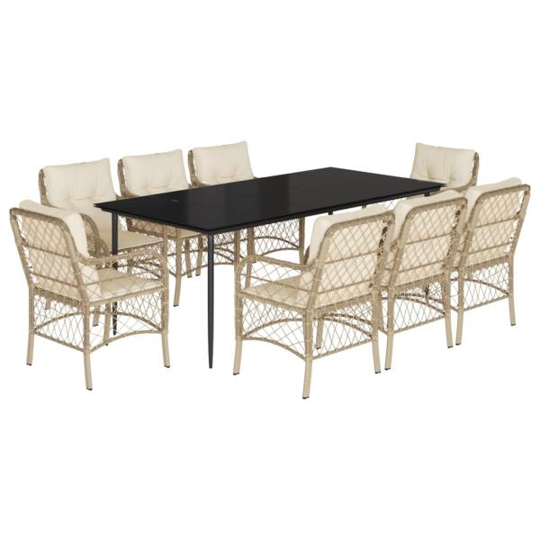 9-tlg. Garten-Essgruppe mit Kissen Beige Poly Rattan