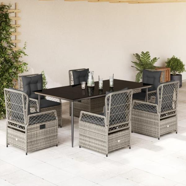 ARDEBO.de - 7-tlg. Garten-Essgruppe mit Kissen Grau Poly Rattan