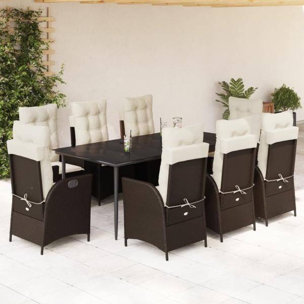 ARDEBO.de - 9-tlg. Garten-Essgruppe mit Kissen Braun Poly Rattan