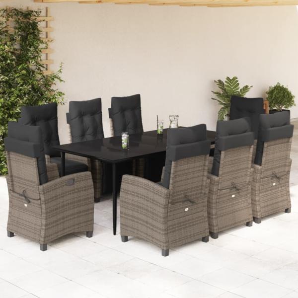 ARDEBO.de - 9-tlg. Garten-Essgruppe mit Kissen Grau Poly Rattan