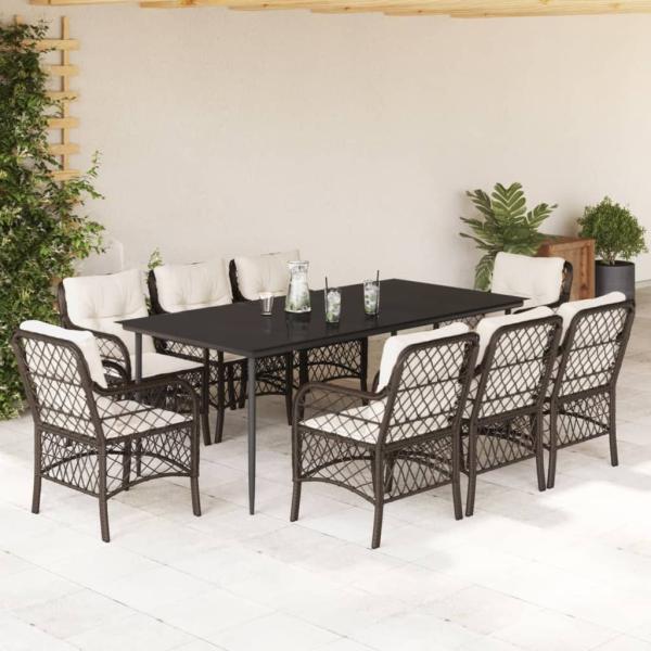 ARDEBO.de - 9-tlg. Garten-Essgruppe mit Kissen Braun Poly Rattan