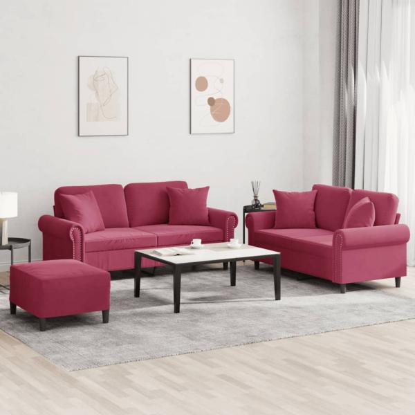 ARDEBO.de - 3-tlg. Sofagarnitur mit Kissen Weinrot Samt