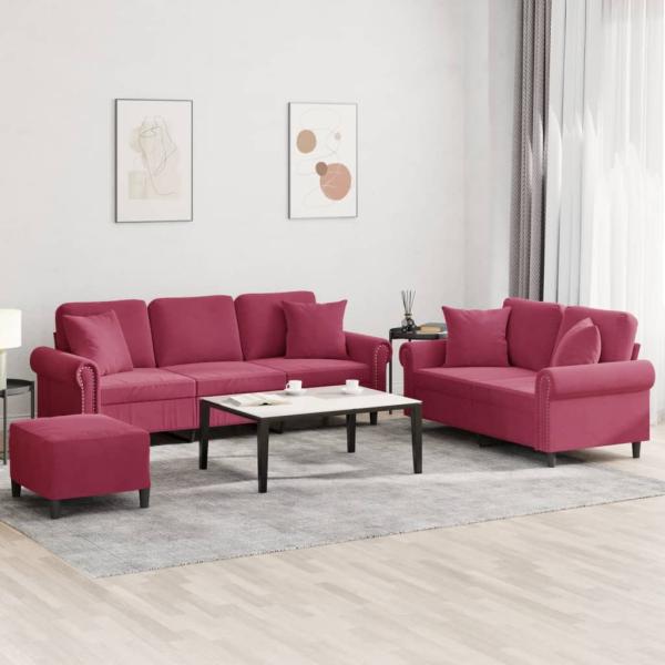 ARDEBO.de - 3-tlg. Sofagarnitur mit Kissen Weinrot Samt